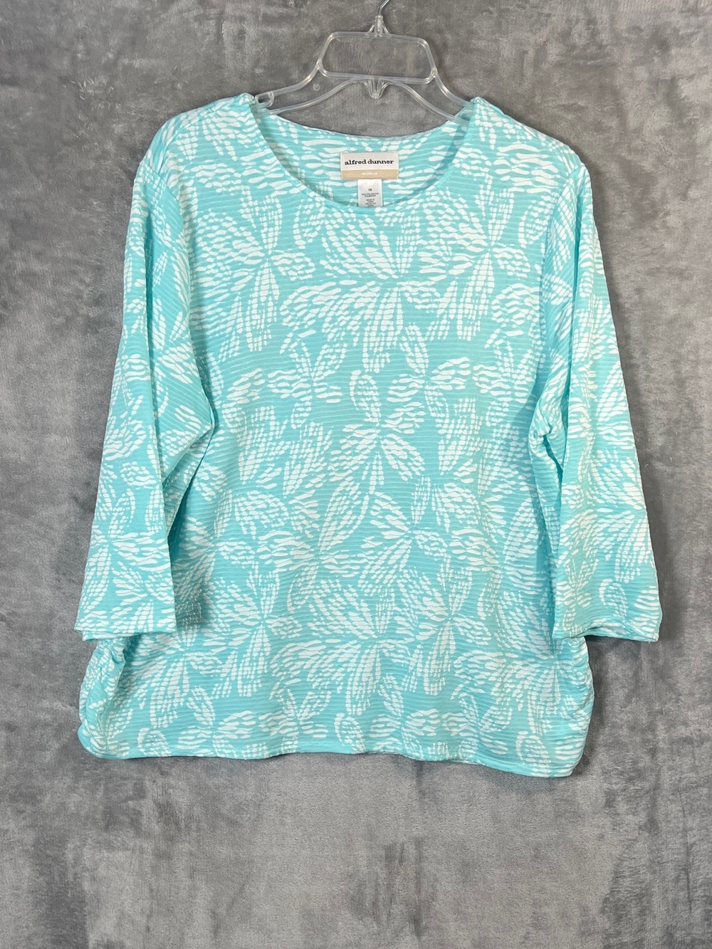 Alfred Dunner Aqua White Floral Long Sleeve Top